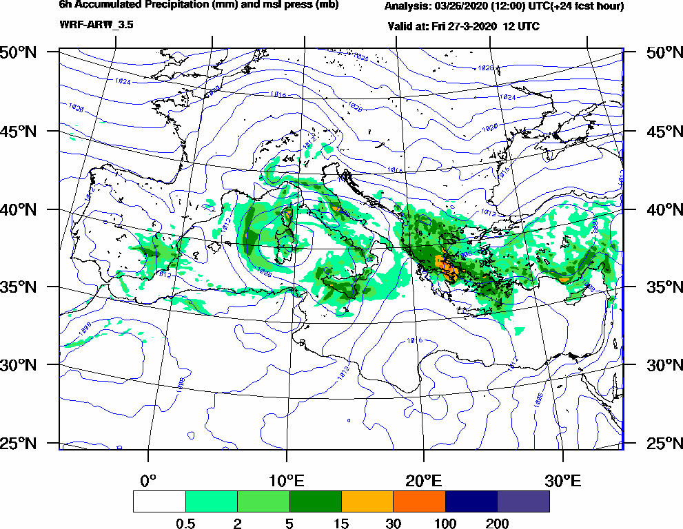 6h Accumulated Precipitation (mm) and msl press (mb) - 2020-03-27 06:00