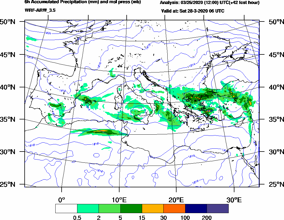 6h Accumulated Precipitation (mm) and msl press (mb) - 2020-03-28 00:00