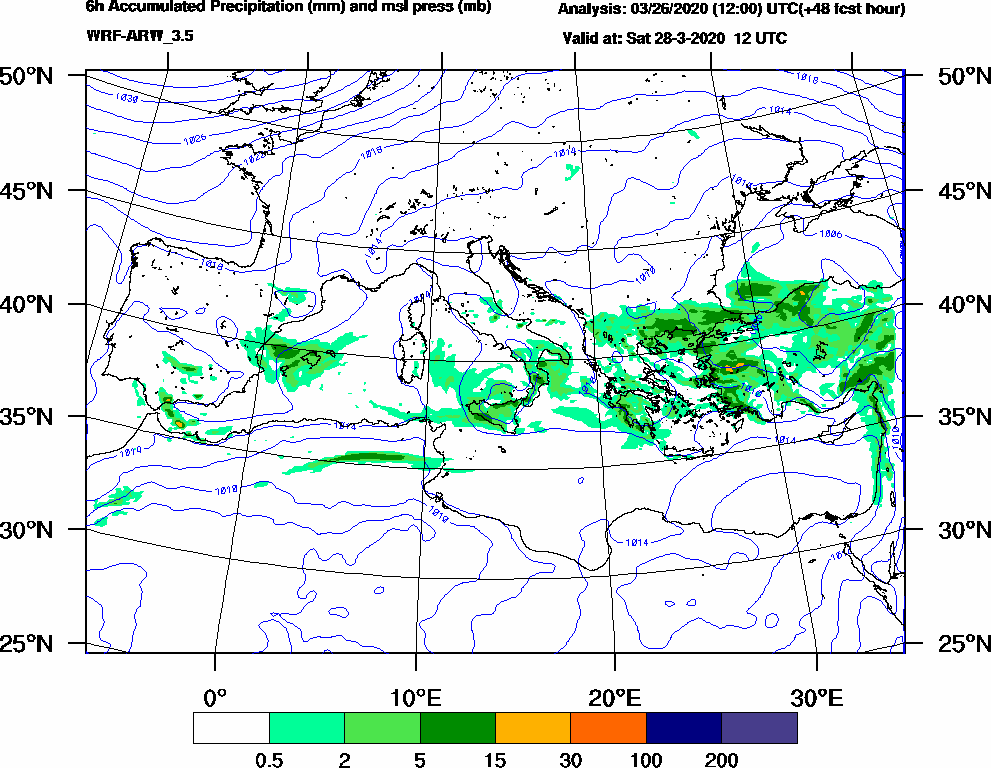 6h Accumulated Precipitation (mm) and msl press (mb) - 2020-03-28 06:00