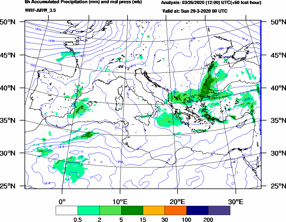 6h Accumulated Precipitation (mm) and msl press (mb) - 2020-03-28 18:00