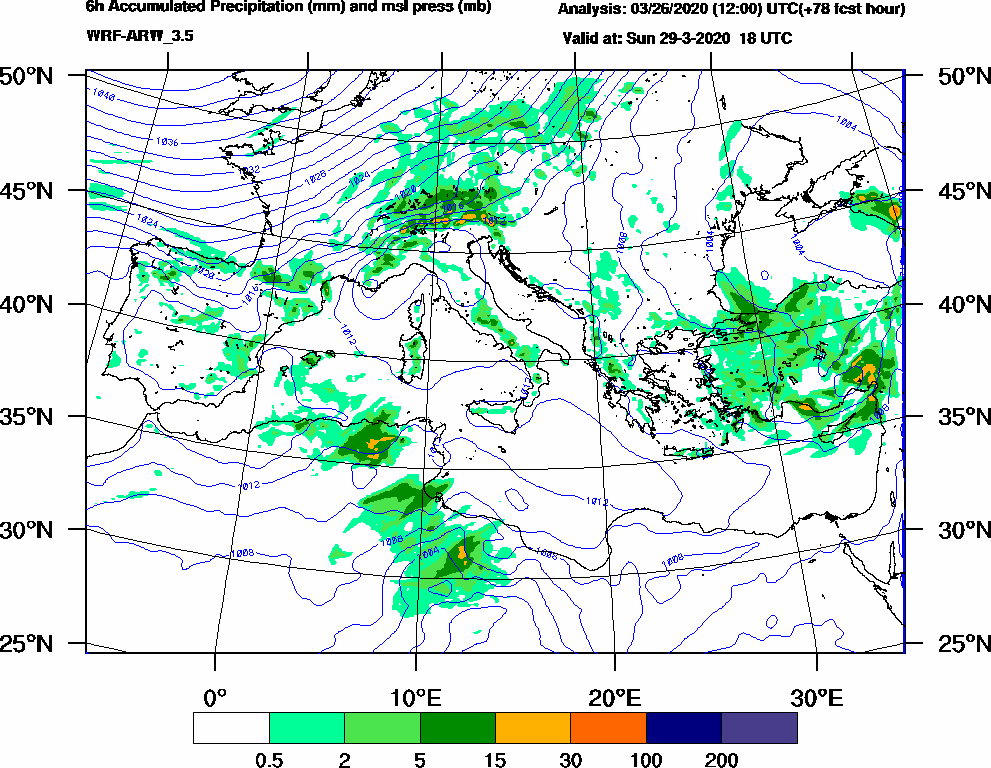 6h Accumulated Precipitation (mm) and msl press (mb) - 2020-03-29 12:00