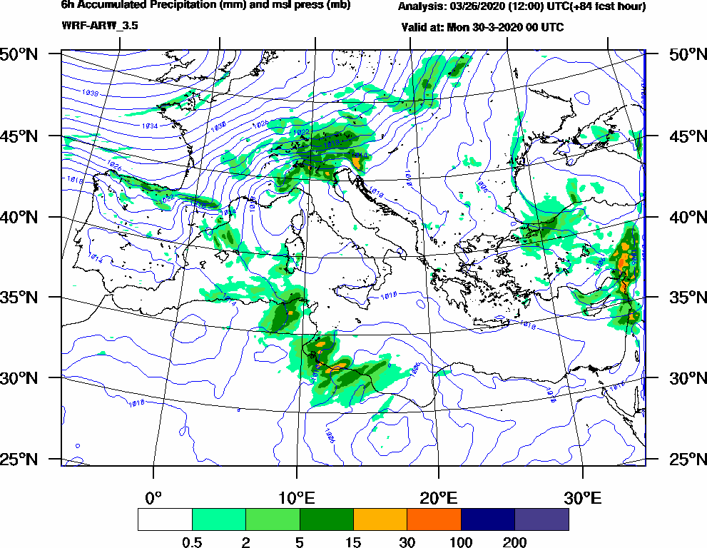6h Accumulated Precipitation (mm) and msl press (mb) - 2020-03-29 18:00