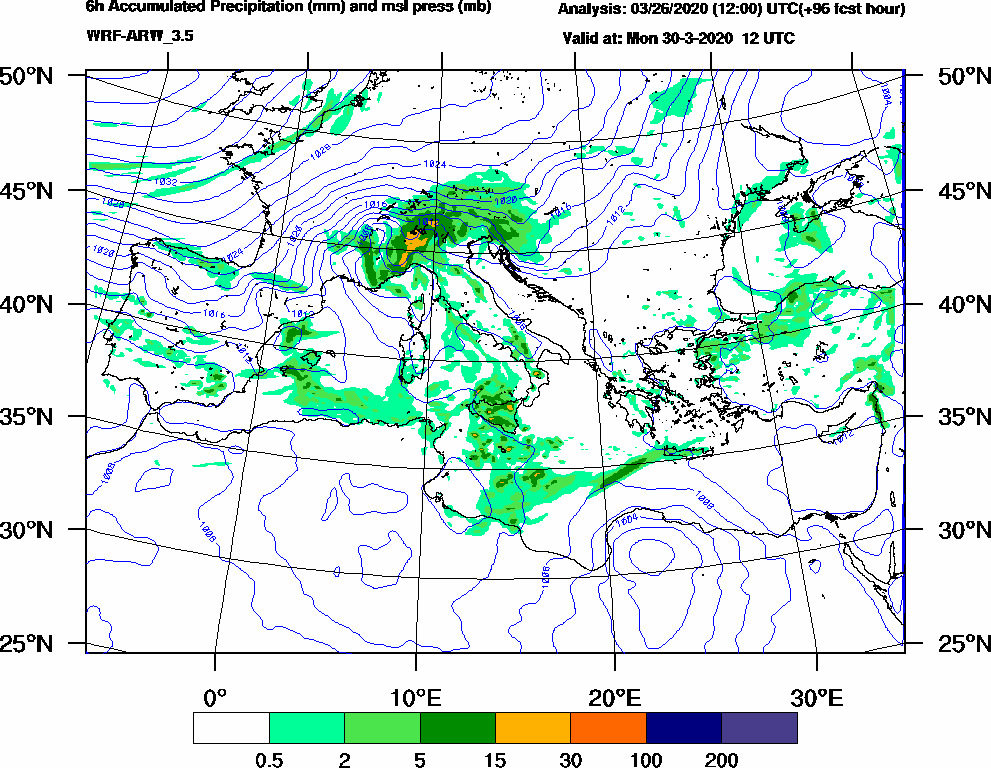 6h Accumulated Precipitation (mm) and msl press (mb) - 2020-03-30 06:00