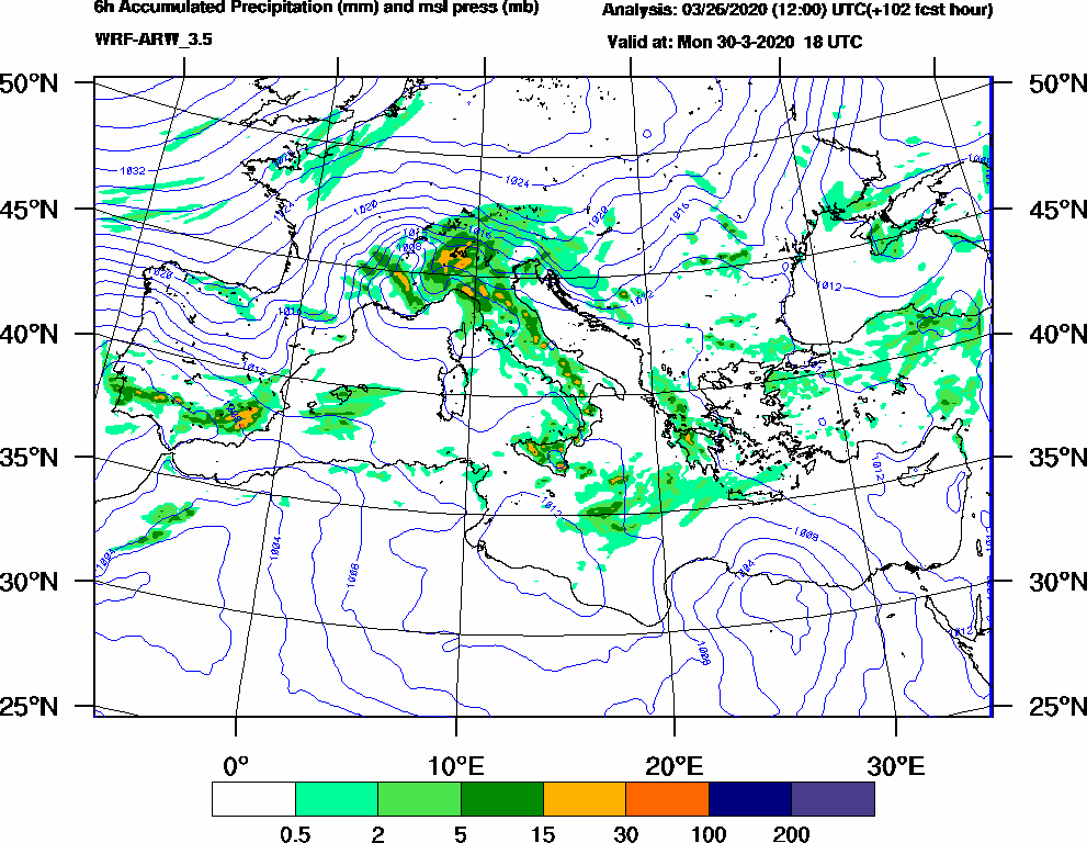 6h Accumulated Precipitation (mm) and msl press (mb) - 2020-03-30 12:00