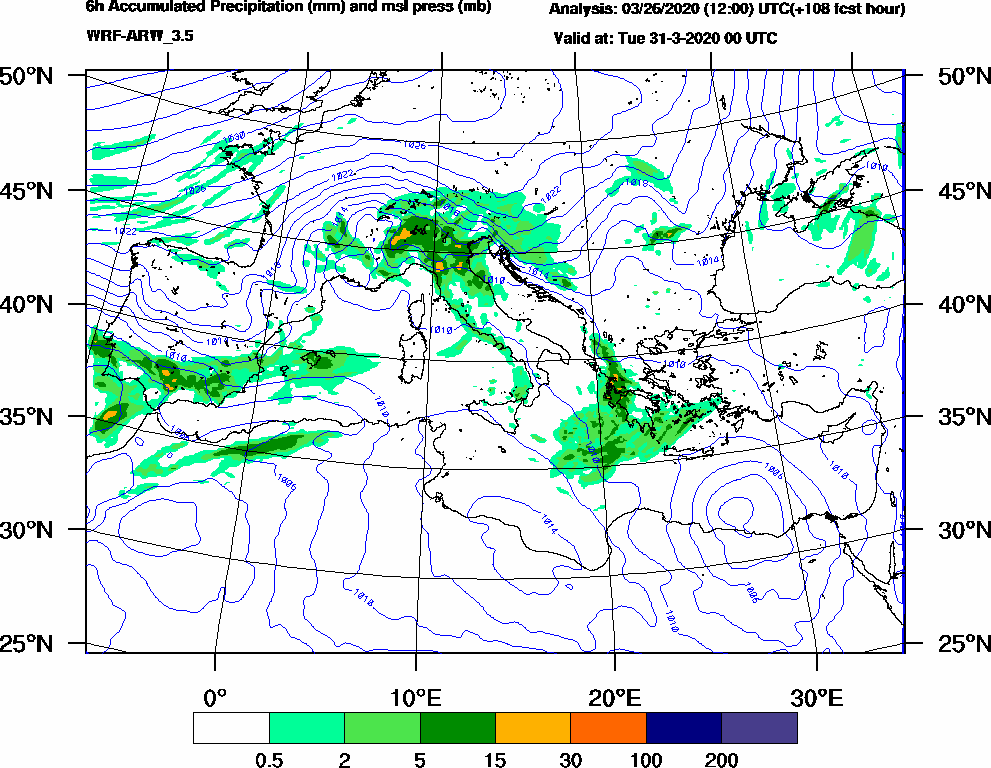 6h Accumulated Precipitation (mm) and msl press (mb) - 2020-03-30 18:00