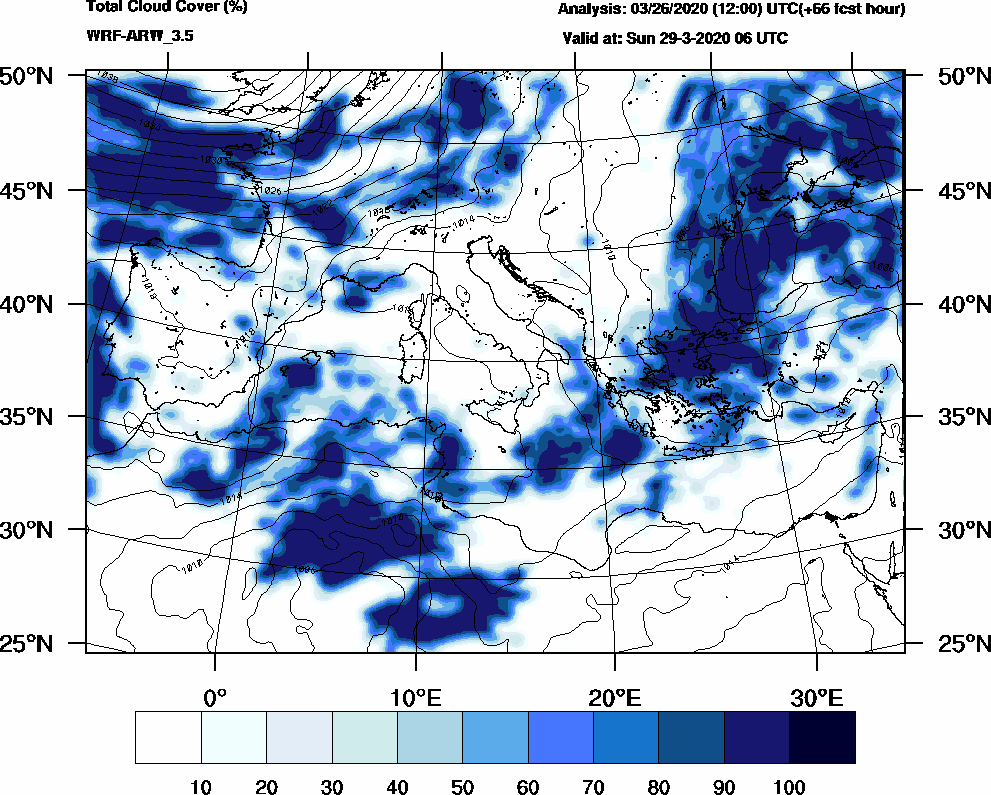 Total cloud cover (%) - 2020-03-29 00:00