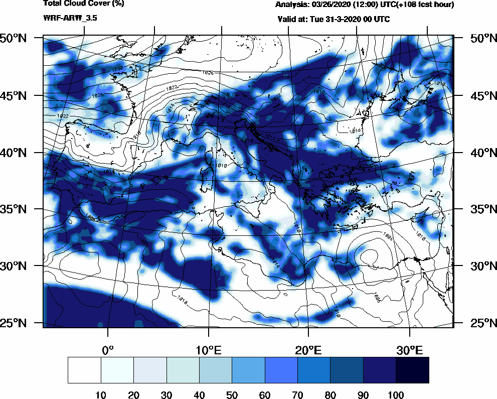 Total cloud cover (%) - 2020-03-30 18:00