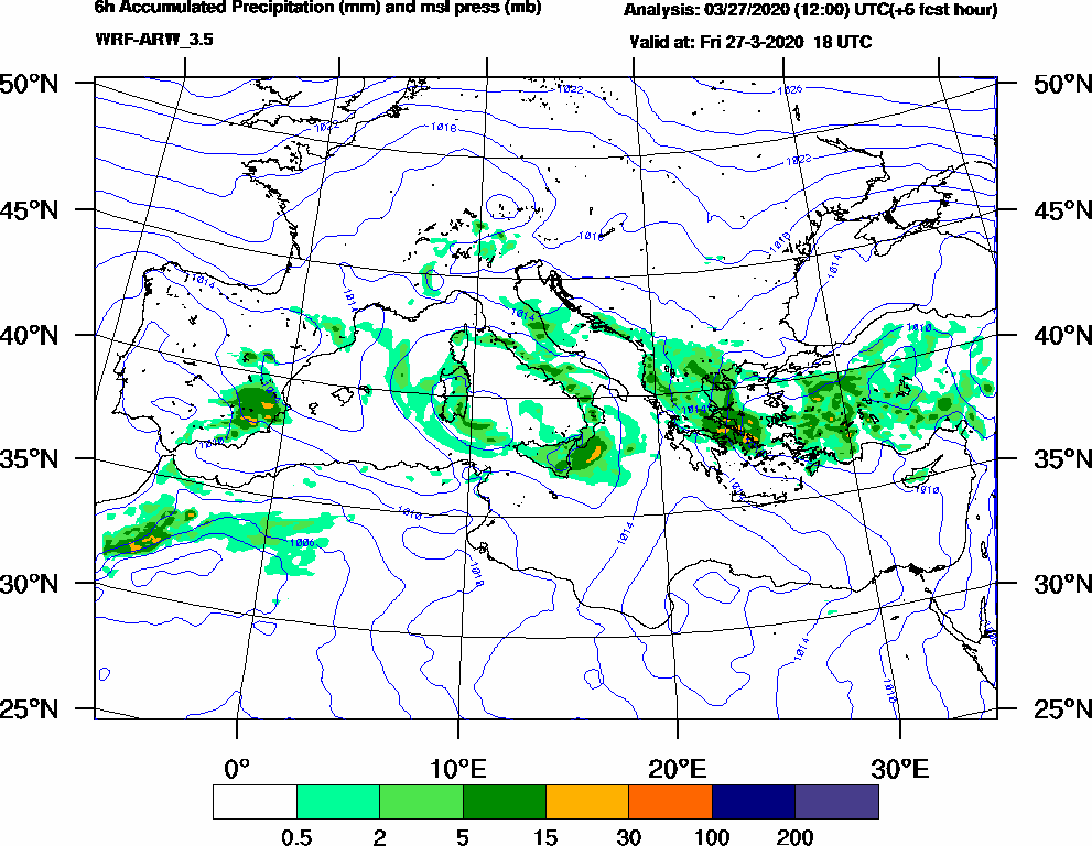 6h Accumulated Precipitation (mm) and msl press (mb) - 2020-03-27 12:00