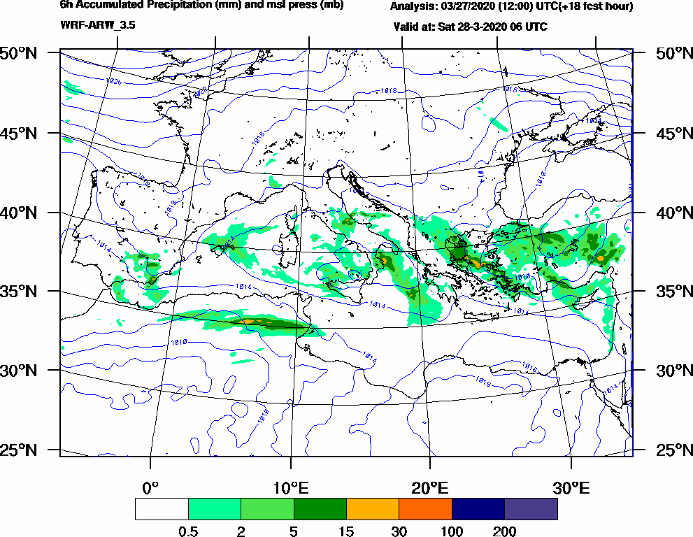 6h Accumulated Precipitation (mm) and msl press (mb) - 2020-03-28 00:00