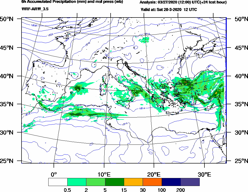 6h Accumulated Precipitation (mm) and msl press (mb) - 2020-03-28 06:00