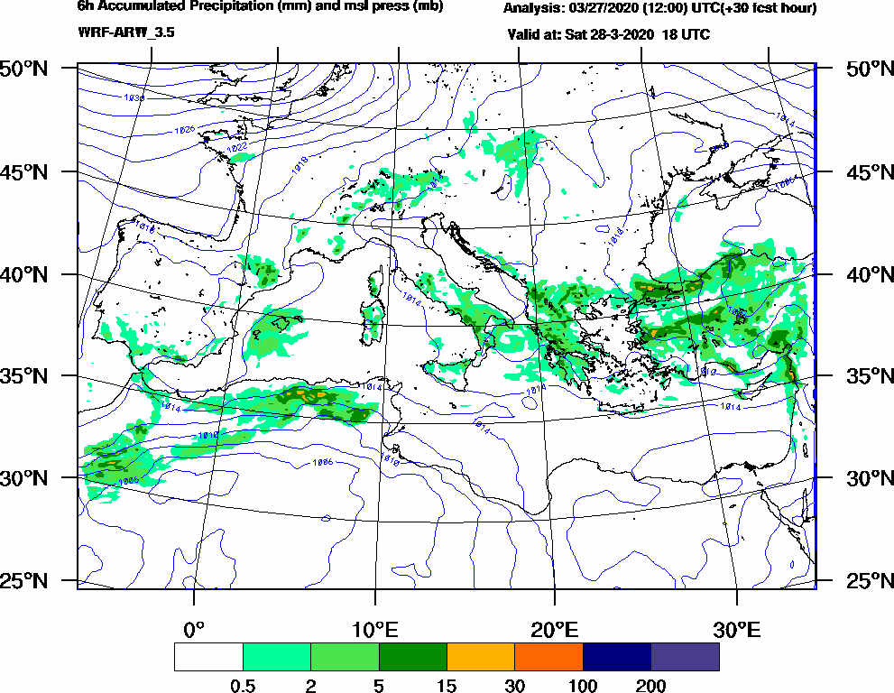 6h Accumulated Precipitation (mm) and msl press (mb) - 2020-03-28 12:00