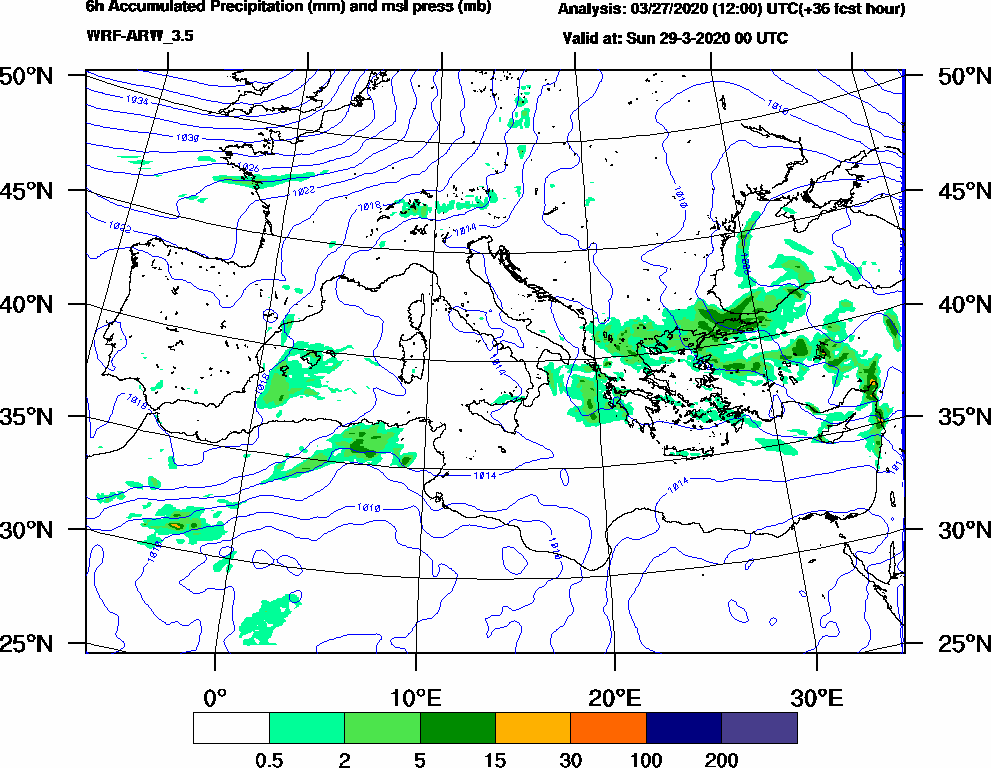 6h Accumulated Precipitation (mm) and msl press (mb) - 2020-03-28 18:00