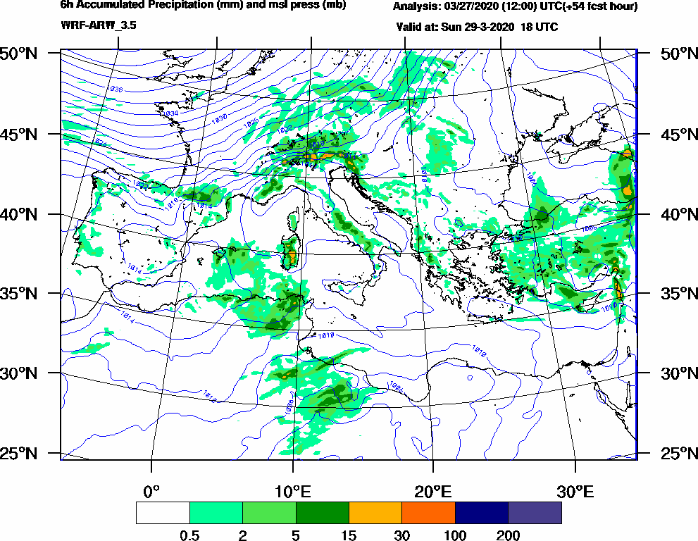 6h Accumulated Precipitation (mm) and msl press (mb) - 2020-03-29 12:00