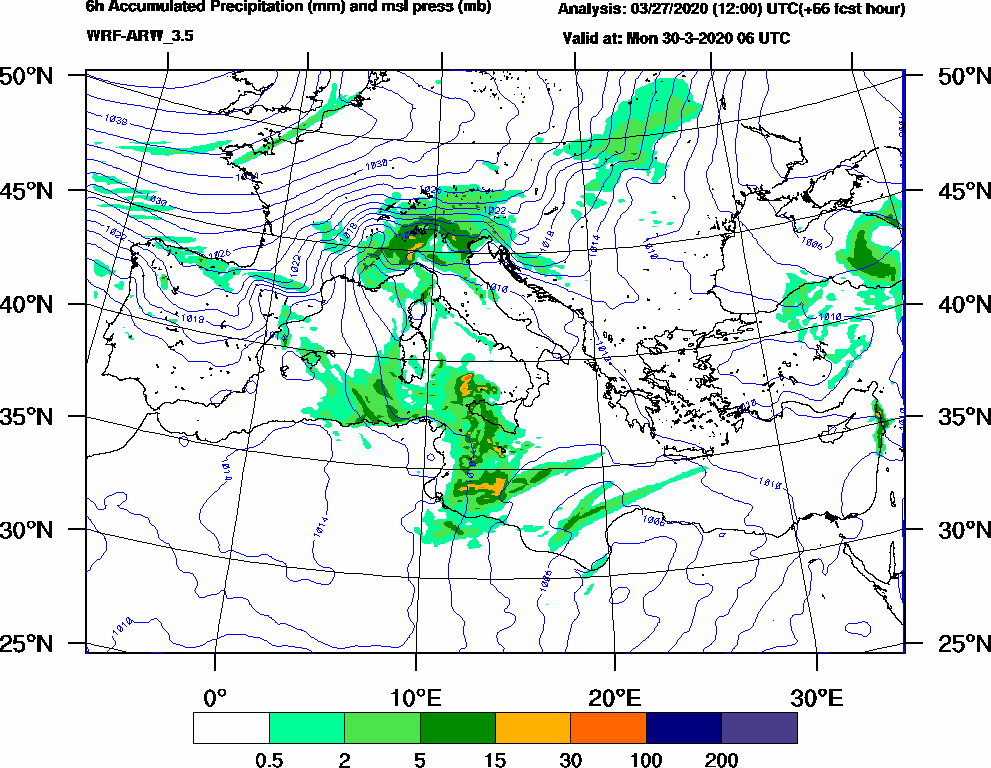 6h Accumulated Precipitation (mm) and msl press (mb) - 2020-03-30 00:00