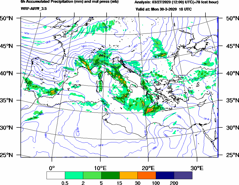 6h Accumulated Precipitation (mm) and msl press (mb) - 2020-03-30 12:00