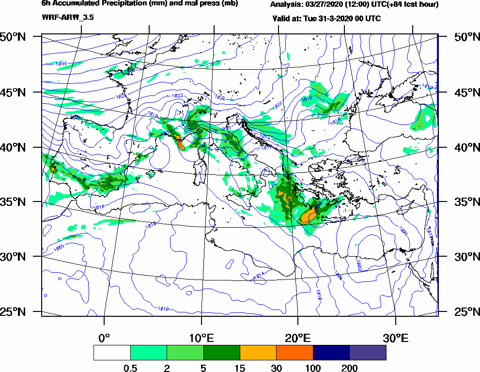 6h Accumulated Precipitation (mm) and msl press (mb) - 2020-03-30 18:00