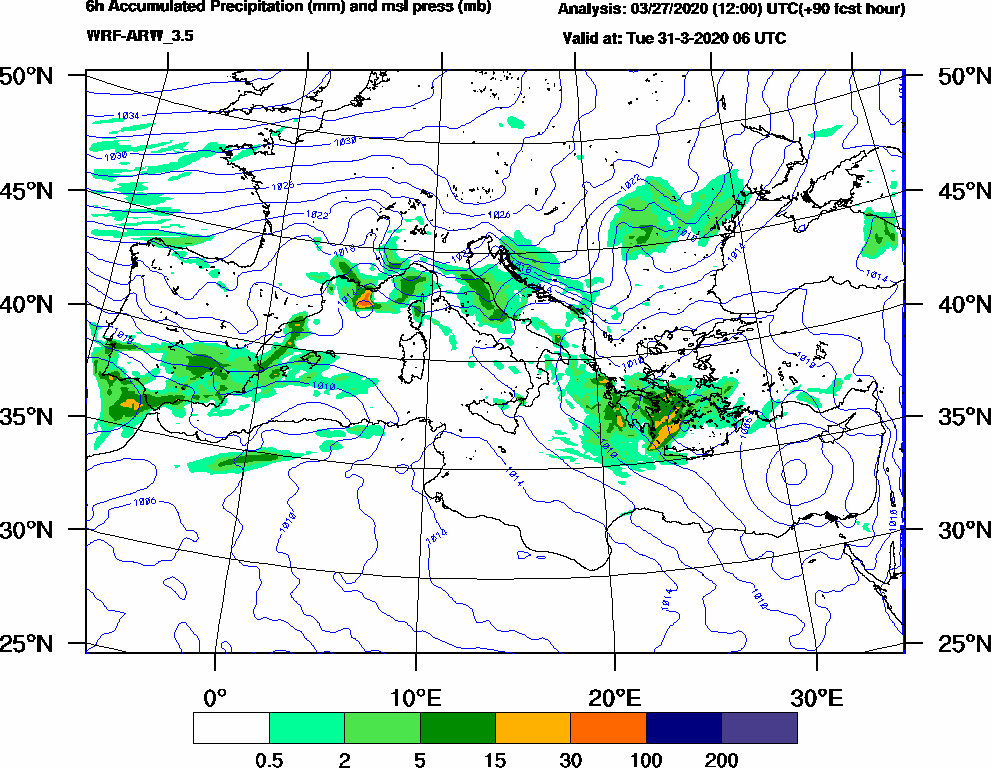 6h Accumulated Precipitation (mm) and msl press (mb) - 2020-03-31 00:00