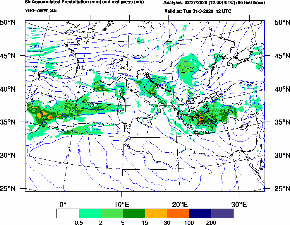 6h Accumulated Precipitation (mm) and msl press (mb) - 2020-03-31 06:00