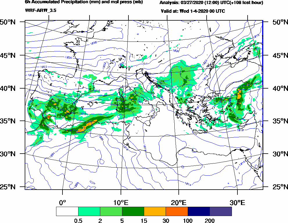 6h Accumulated Precipitation (mm) and msl press (mb) - 2020-03-31 18:00