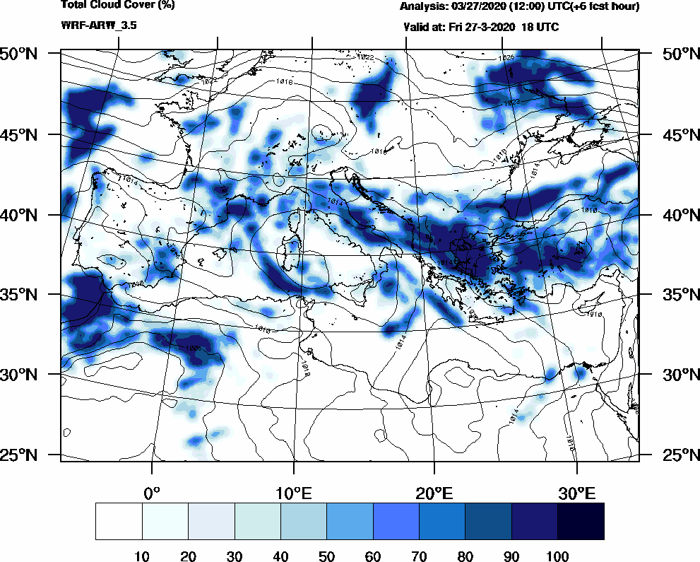 Total cloud cover (%) - 2020-03-27 12:00