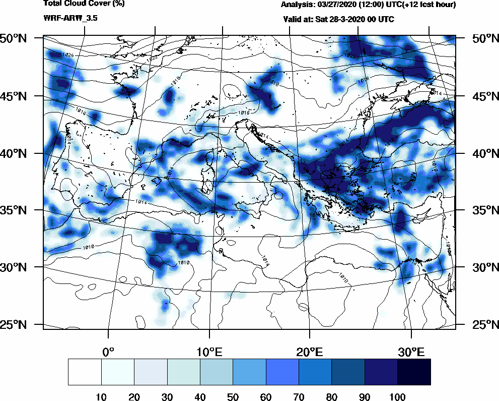 Total cloud cover (%) - 2020-03-27 18:00