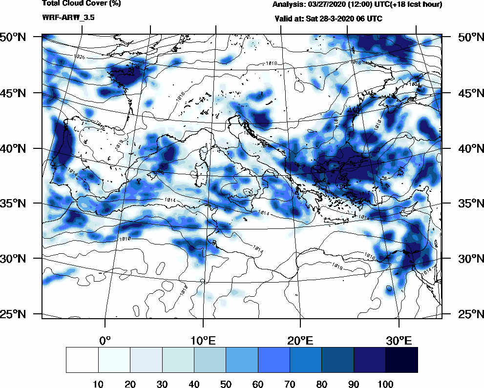 Total cloud cover (%) - 2020-03-28 00:00