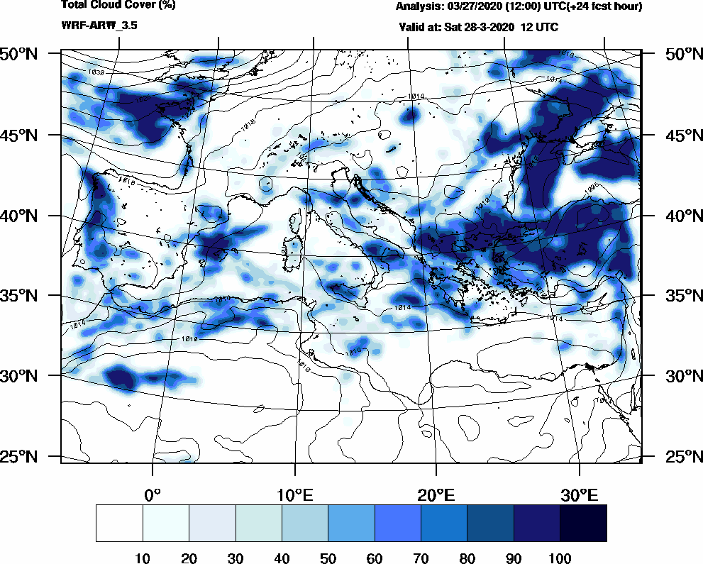 Total cloud cover (%) - 2020-03-28 06:00