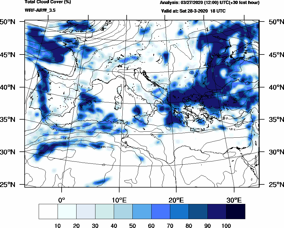 Total cloud cover (%) - 2020-03-28 12:00