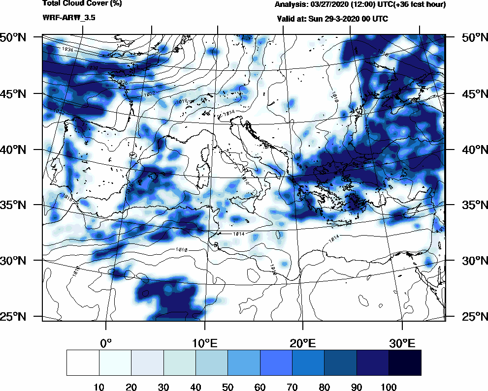 Total cloud cover (%) - 2020-03-28 18:00