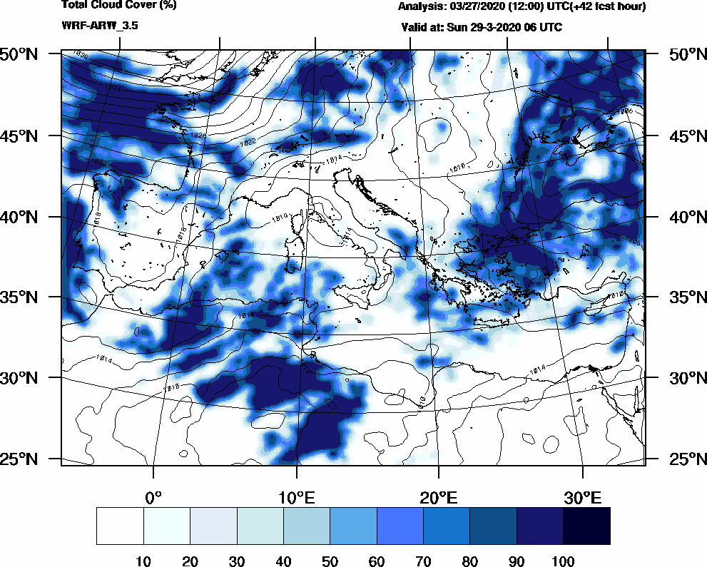 Total cloud cover (%) - 2020-03-29 00:00