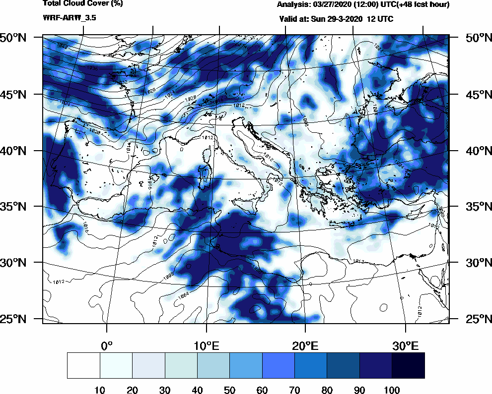 Total cloud cover (%) - 2020-03-29 06:00