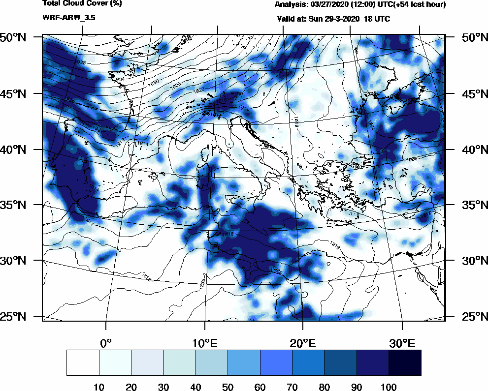 Total cloud cover (%) - 2020-03-29 12:00