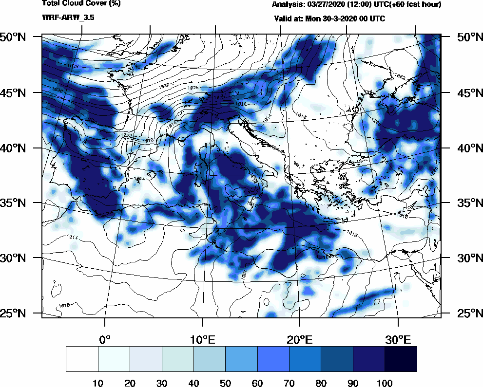 Total cloud cover (%) - 2020-03-29 18:00