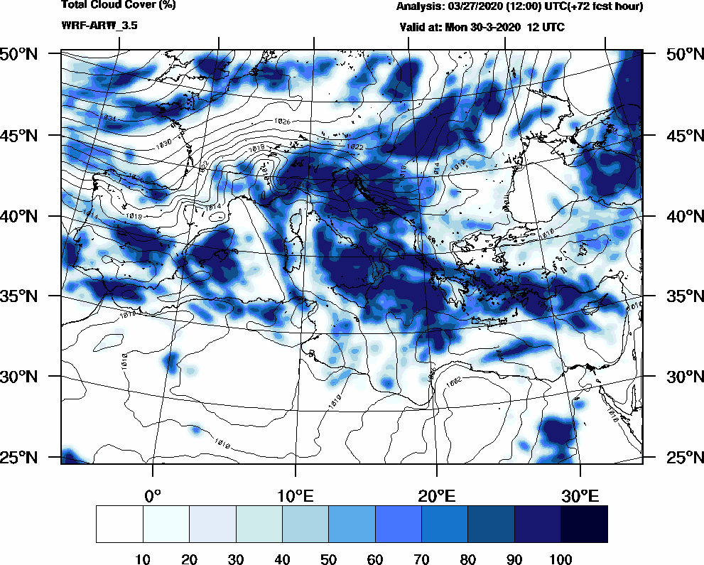 Total cloud cover (%) - 2020-03-30 06:00