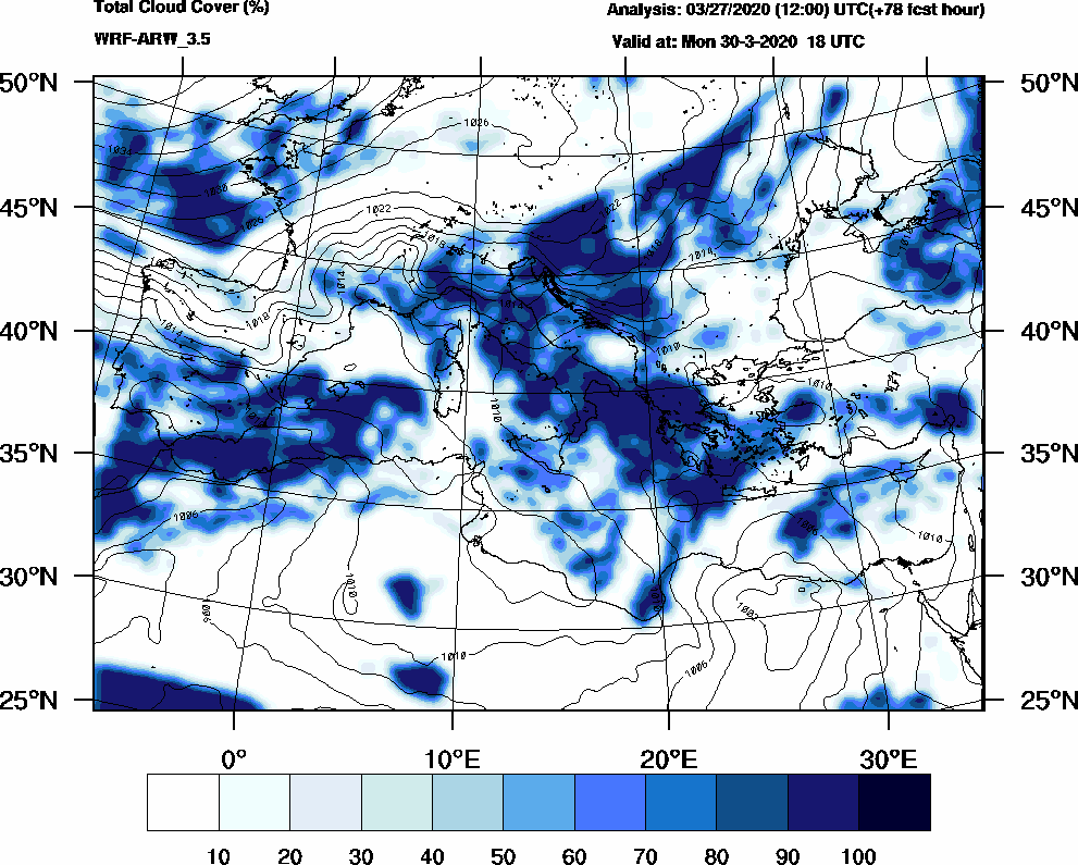 Total cloud cover (%) - 2020-03-30 12:00