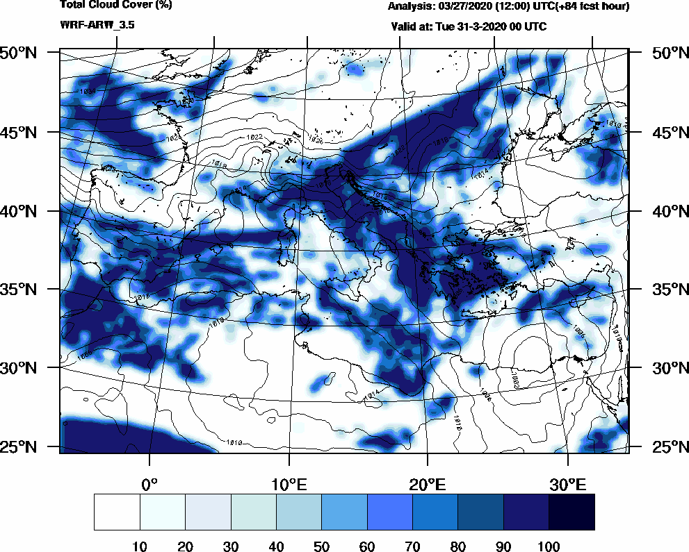 Total cloud cover (%) - 2020-03-30 18:00