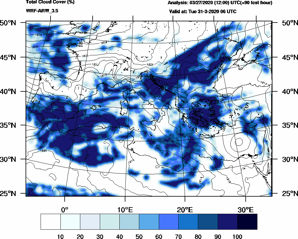 Total cloud cover (%) - 2020-03-31 00:00