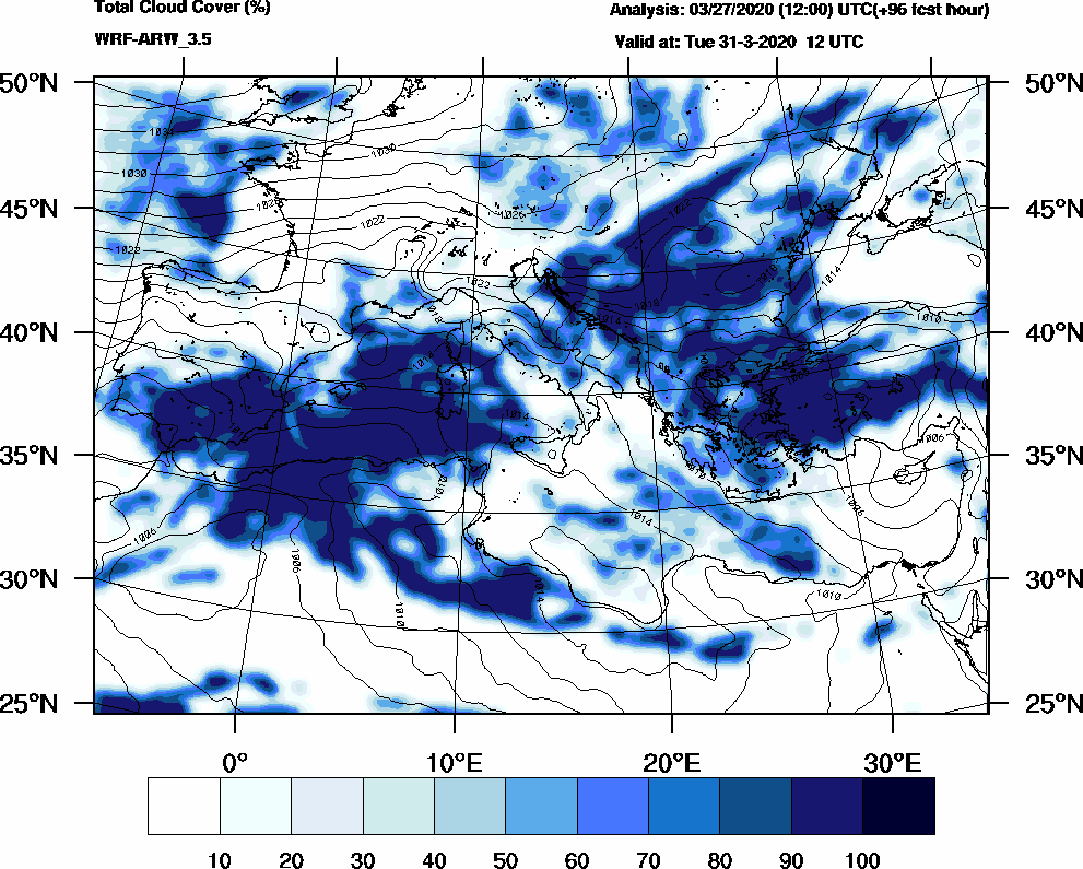 Total cloud cover (%) - 2020-03-31 06:00