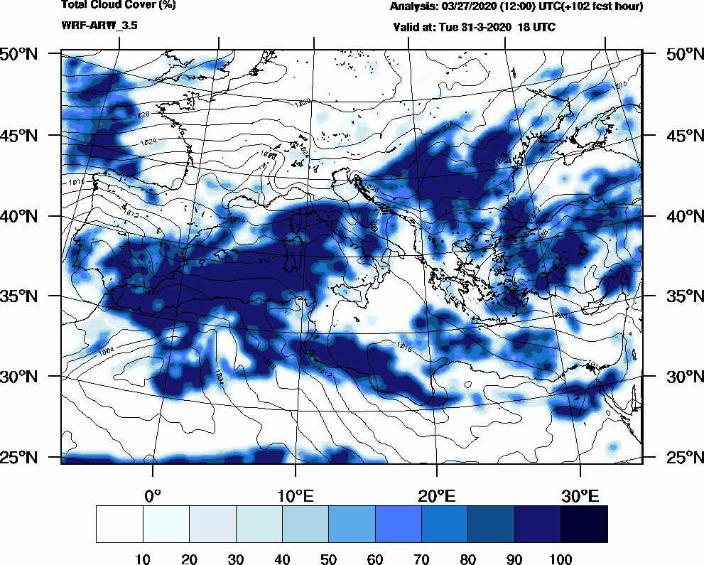 Total cloud cover (%) - 2020-03-31 12:00