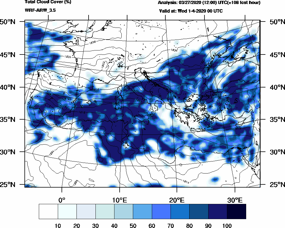 Total cloud cover (%) - 2020-03-31 18:00