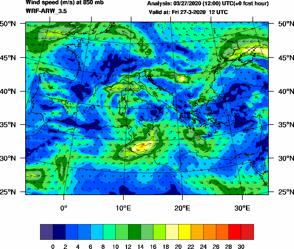 Wind speed (m/s) at 850 mb - 2020-03-27 12:00