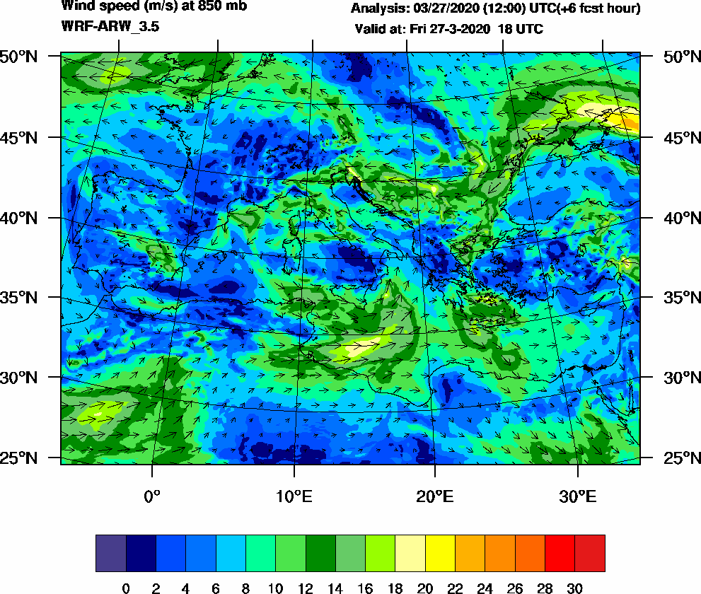 Wind speed (m/s) at 850 mb - 2020-03-27 18:00