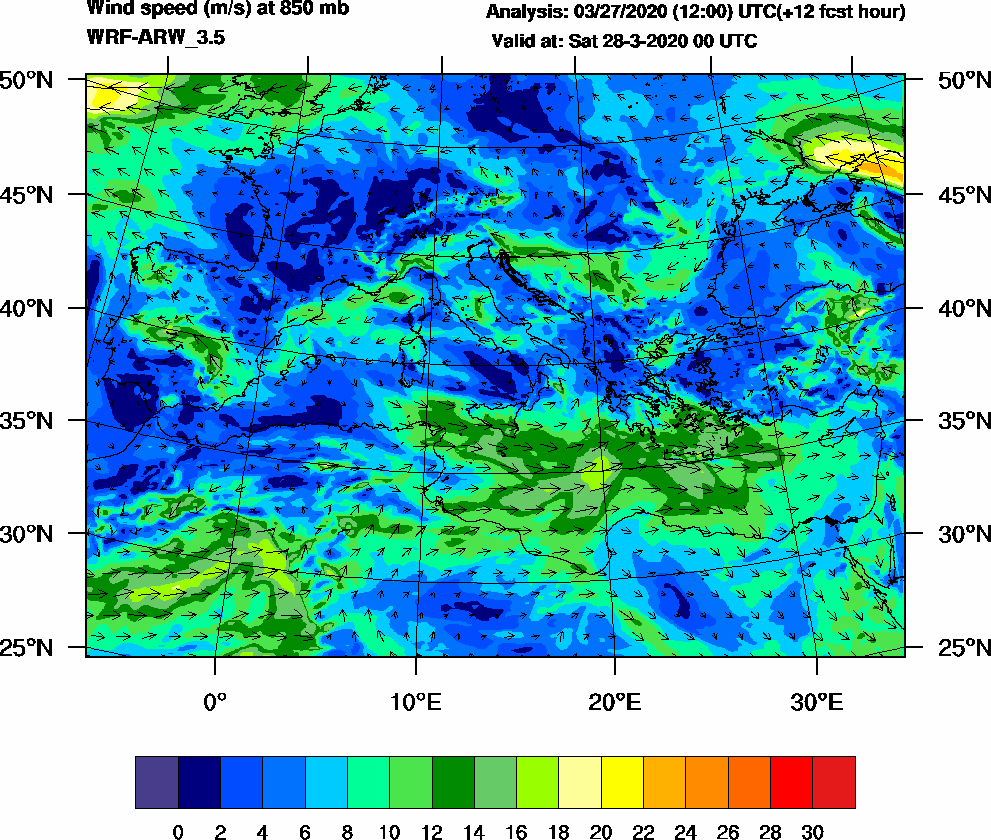 Wind speed (m/s) at 850 mb - 2020-03-28 00:00