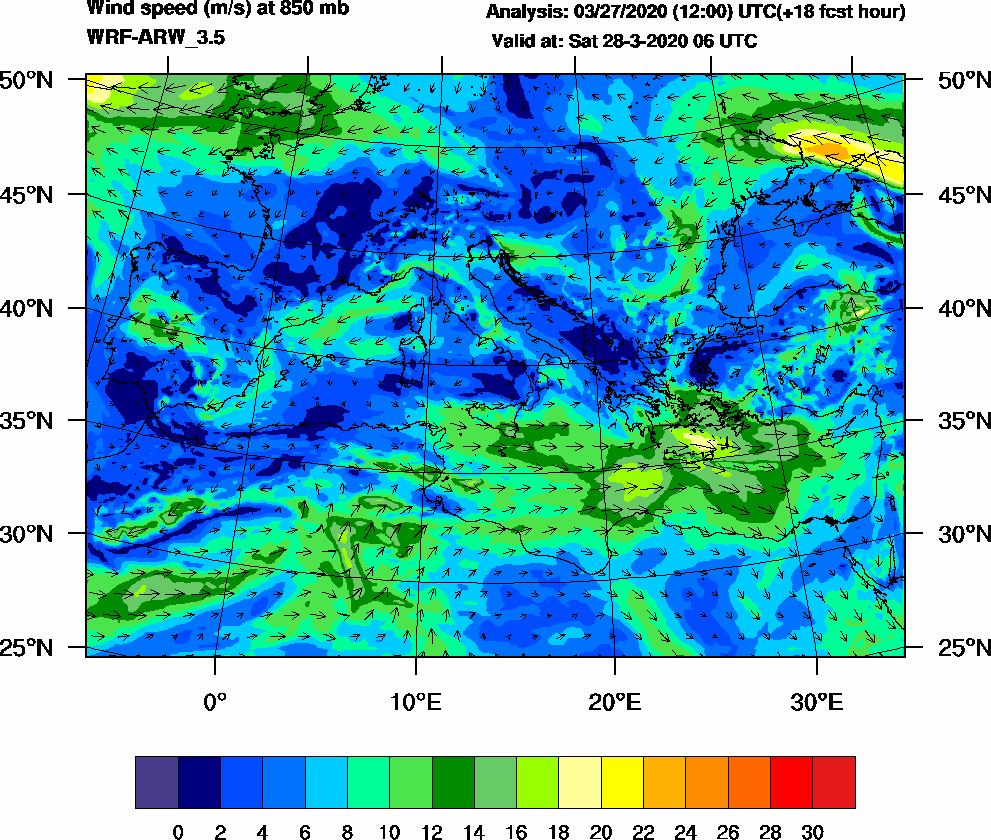 Wind speed (m/s) at 850 mb - 2020-03-28 06:00