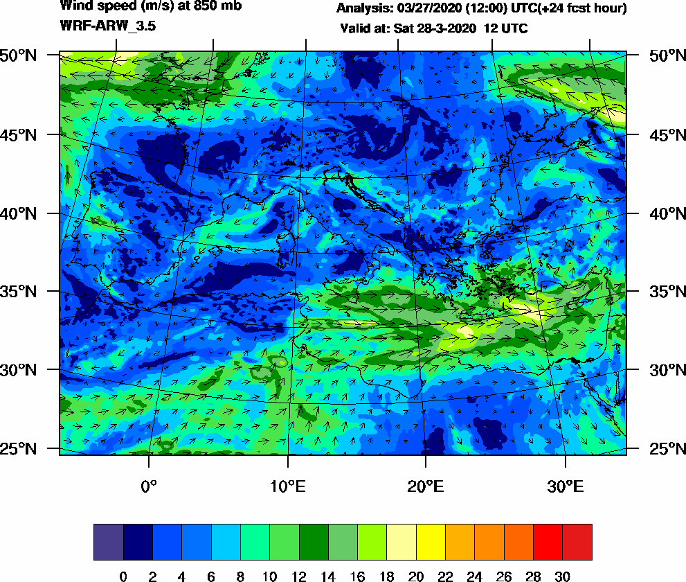 Wind speed (m/s) at 850 mb - 2020-03-28 12:00