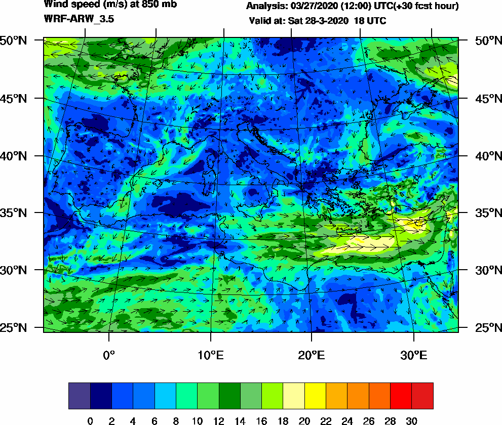 Wind speed (m/s) at 850 mb - 2020-03-28 18:00