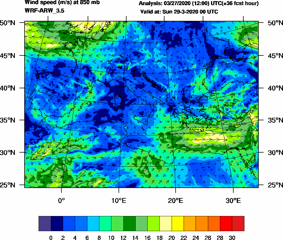 Wind speed (m/s) at 850 mb - 2020-03-29 00:00