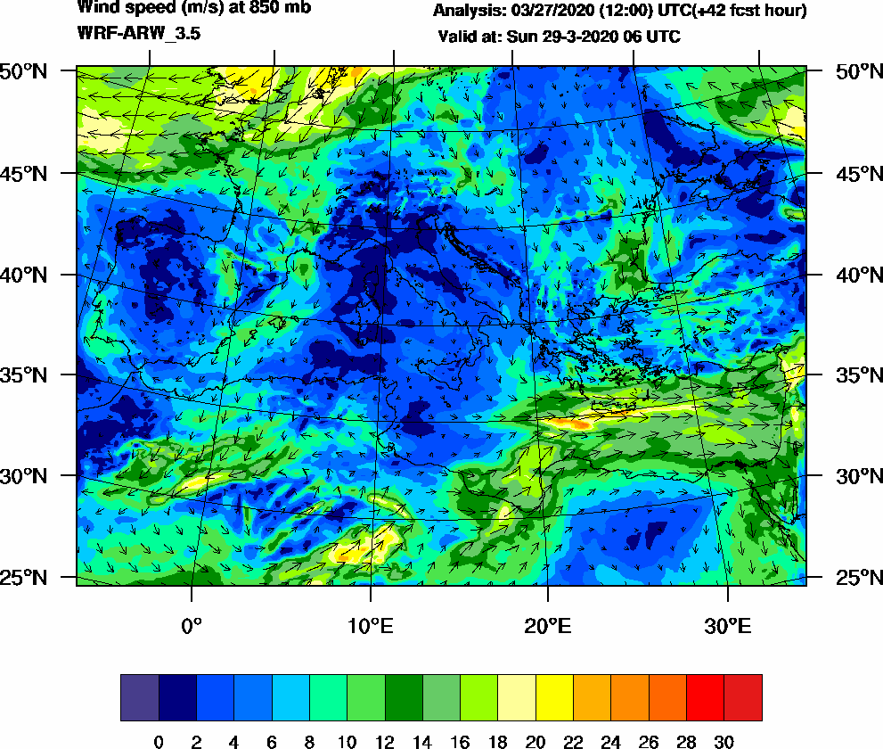 Wind speed (m/s) at 850 mb - 2020-03-29 06:00