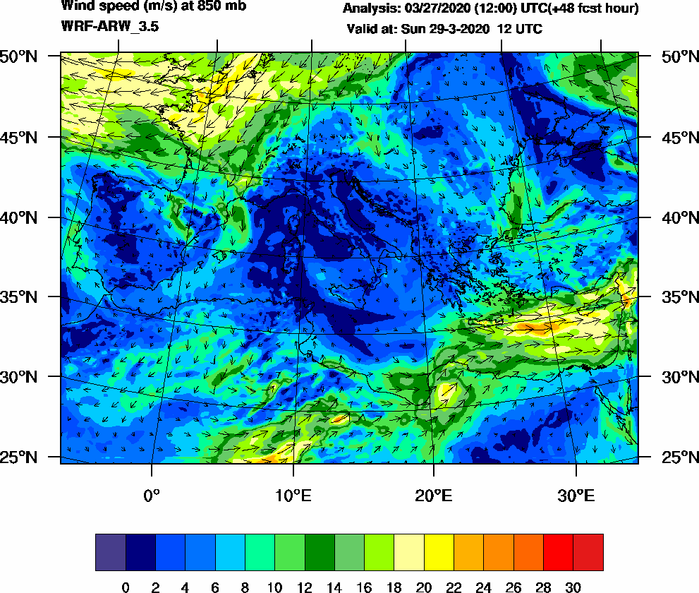 Wind speed (m/s) at 850 mb - 2020-03-29 12:00