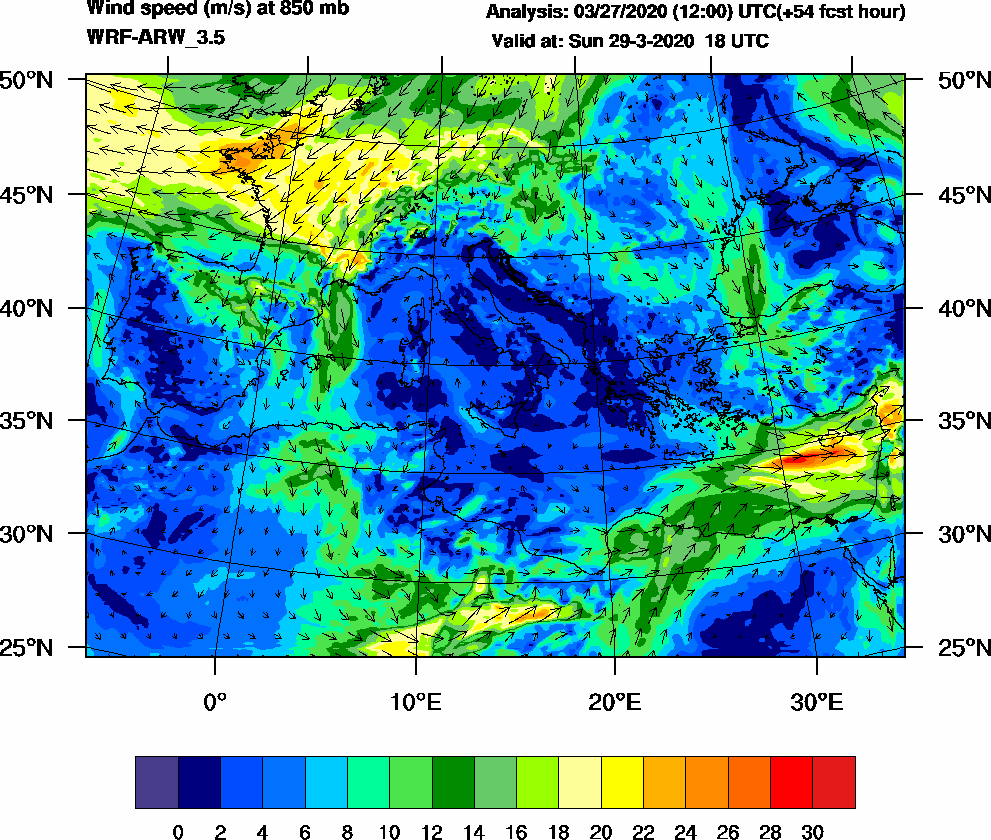 Wind speed (m/s) at 850 mb - 2020-03-29 18:00